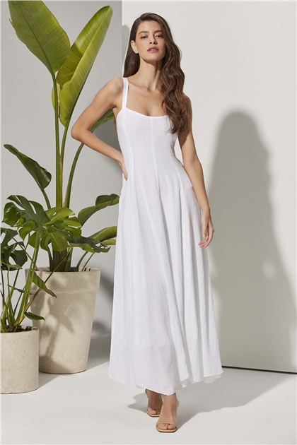 Askılı Beyaz Uzun Kadın Elbise